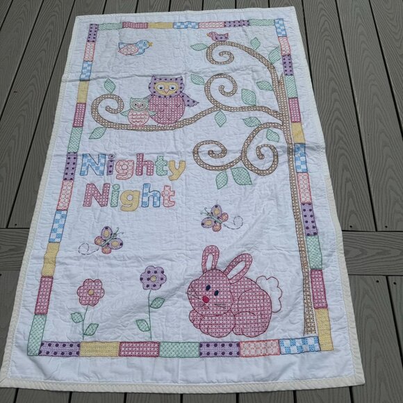 Handmade Cross Stitch Baby Crib Quilt “Owl & Friends “ by Jack Dempsey Completed - Picture 1 of 7